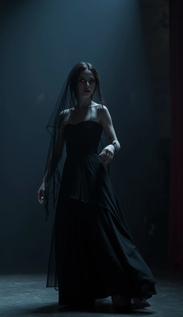  A 30-year-old woman appears on stage in a completely black wedding dress.  Her pale skin contrasts with completely red eyes ,  as a ragged veil partially covers her face . She moves elegantly ,  but theres something sinister about each step ,  as if a sha...