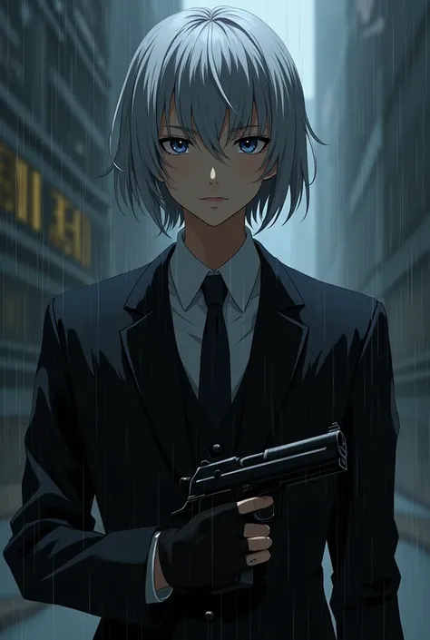 Sexy anime illustration of a gray haired, short-haired killer wearing a black suit and holding a gun with a cold face on a rainy background