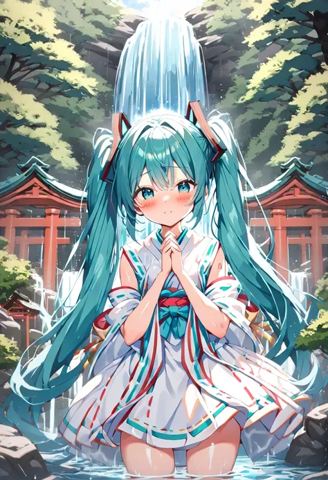 (hatsune miku:1.2), (blush:1.4), (gleaming skin, shiny skin:1.4), (shrine maiden clothes:1.4), (under waterfall:1.4), (holy pray:1.4), (cowboy shot:1.4), (waterfall, In mountains, japanese cedar:1.4),