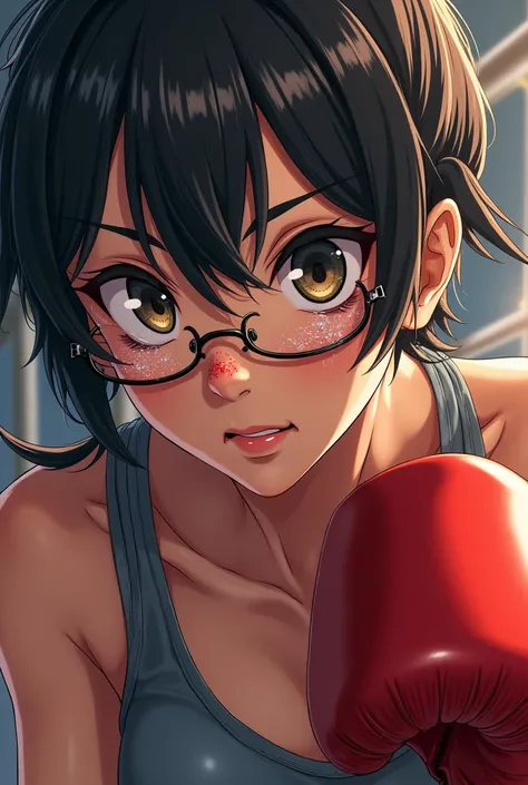 (Amazing. Very high quality. So beautiful. So detailed. Perfect face. Perfect eyes. Perfect anatomy.) Japanese animation cel. Breathtakingly beautiful. Dynamic composition. Close-up. Female boxer with detailed cracked glasses. Bruising at the corner of the...