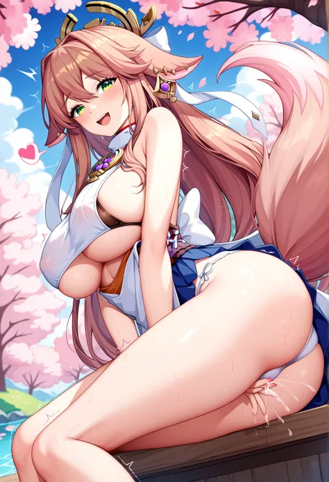 ((masterpiece, best quality:1.2))((coral brown hair))((emerald green eyes)),solo,1girl,(monika(doki doki literature club)),(fluffy_fox_tail), yae_miko_outfit(genshin impact), happy face expression, sexy pose, good hands, good anatomy, good fingers, boob_sq...