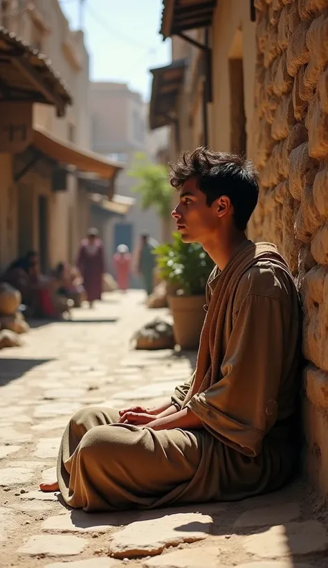 The young man sits alone in a shadowed corner of a stone street, his once-bright garments now faded and dirty. The bustling market in the biblical village background has quieted, symbolizing his decline.