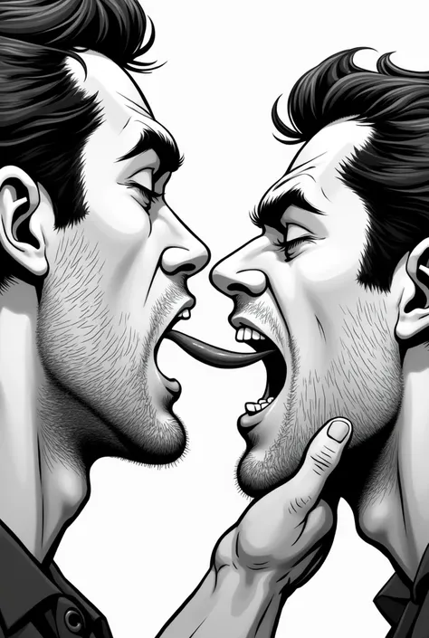 Black and white comic book image of a mans face licking another mans elbow