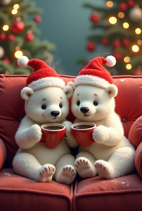 Baby polar bears in Santa Claus hats drinking coffee on a bar sofa with Christmas decoration 