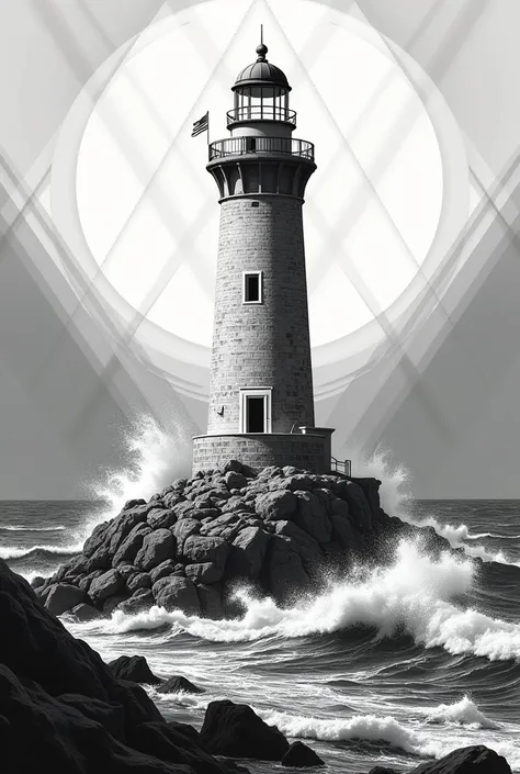 chanias lighthouse with waves old-school style in a rhombe black and white