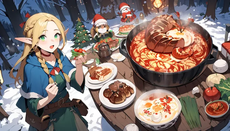 (masterpiece,  is the best quality:1.2), Christmas Eve， Christmas，Fantasy Art.  Panoramic Wide Angle ,  Food Series  ,  Dungeon Food ,  Many Dyed of Dungeon Foods, (1 Girl,  unique , Elf, blond,  long hair, braid, twin braids, Pointed ears,  green eyes , c...