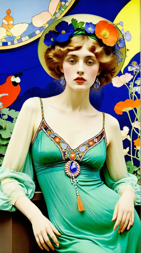  jugendstil scene Hana Jirickova by Leon Bakst, colorful, dreamy, breathtaking