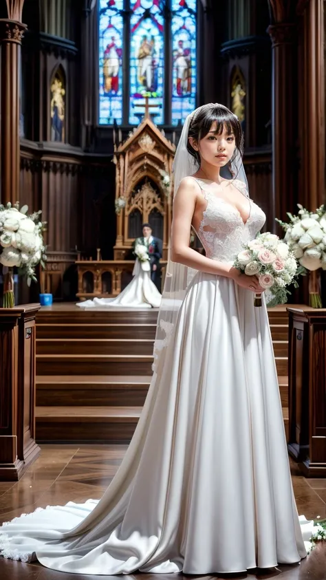 A beautiful young Japanese woman, 26 years old, with healthy thighs, beautiful legs, flawless skin, random hair color and style, large breasts, wearing a (wedding dress:1.3), (she is standing:1.2), full body shot, high heels, holding a bouquet in her hands...