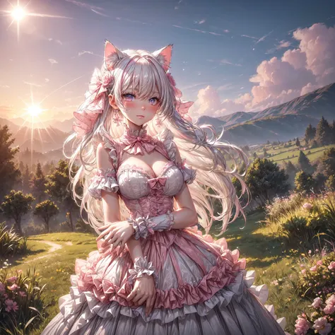 (cat girl, solo focus:1.5), beautiful gorgeous captivating cute adorable princess, (blushing:1.5), nose blush, (pink eyes:1.5) , (((hyper detail delicate beautiful eyes , big eyes, clear eyes, extremely detailed))), (soft thin lines:1.2, beautiful, delicat...