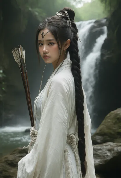 HD graphics， realistic girl ，  long hair braided beauty ， Taiwanese girl indigenous people ， Headband with forehead ， Bow on shoulder ， Obvious bow master ， Ultra HD，Beautiful picture ，Hyper-realistic details， Background Green jungle and waterfall 。 The wh...