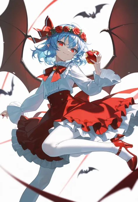 masterpiece, best quality, amazing quality, very aesthetic, newest, 1girl, remilia scarlet, touhou, apple, bat wings, blue hair, bow, bowtie, closed mouth, dress, flower, food, foot out of frame, fruit, head wreath, high heels, holding, holding food, holdi...