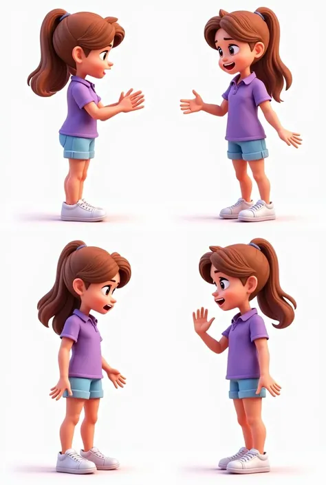  Full body Girls Character Emotions Set with purple polo shirt and light blue shorts and white sneakers (happy, greeting, angry, crying, laughing) in different vignettes ,  and that they are all looking straight ahead , Only one that looks in profile 