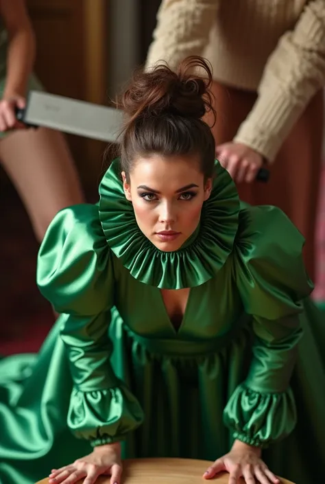 (realistic photograph sideways close up, seen from below), (an accommodating beautiful Caucasian lady with (messy hair bun) and wearing (big shiny green glamorous silk dress with (long gigantic puff sleeves), (and with an ultra high tight stand-up collar u...