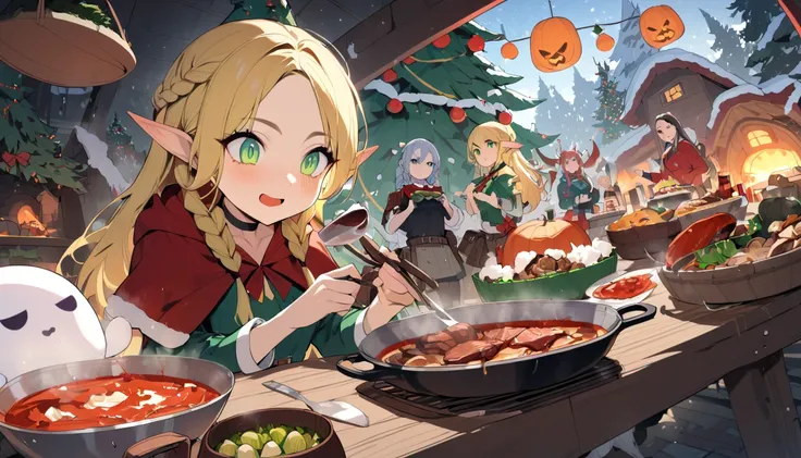 (masterpiece,  is the best quality:1.2), Christmas Eve， Christmas，Fantasy Art.  Panoramic Wide Angle ,  Food Series  ,  Dungeon Food ,  Many Dyed of Dungeon Foods, (1 Girl,  unique , Elf, blond,  long hair, braid, twin braids, Pointed ears,  green eyes , c...