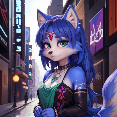 A portrait of  ((krystal)), Star Fox-Krystal, lovable, green eyes, ((( long blue hair 1 .3))), Decollete, anthro, Fuzzy,  detailed Fluffys fell,  detailed face , (Fluffy),  1 girl, ,woman, Goth, green eyes, undercut, ultra-realistic 8k cg ,  masterpiece, (...