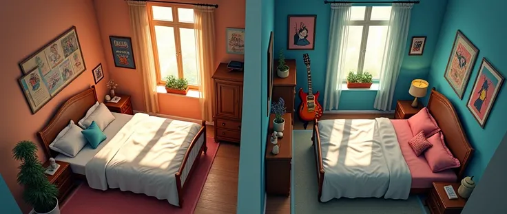  the image shows two bedrooms separated by a wall , the first bedroom has a king size bed and an open window, It is of an adult woman , The second room has a bed and a closed window and belongs to a girl who likes music and is decorated with guitars, poste...