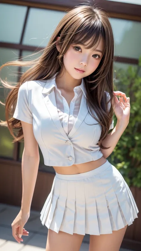 Product quality, 1 girl,( shooting from below :1.4),( Taimo emphasis:1.4),Beautiful young Japanese girl,Daytime, (  high school classroom :1.2),(Short sleeve shirt:1.3),( school girl uniform :1.3),( blazer:1.3), ( White Ultra Short Pleated Mini Skirt:1.5),...