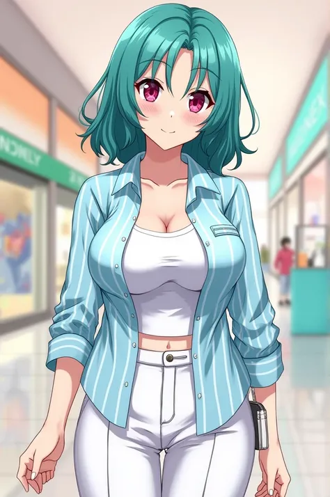 
"Anime, a woman with shoulder-length teal-colored wavy hair and magenta eyes. She has a curvy and busty body, wearing a light blue shirt with white vertical stripes from top to bottom, a white tank top, white wide-leg pants, and a small white purse hangin...