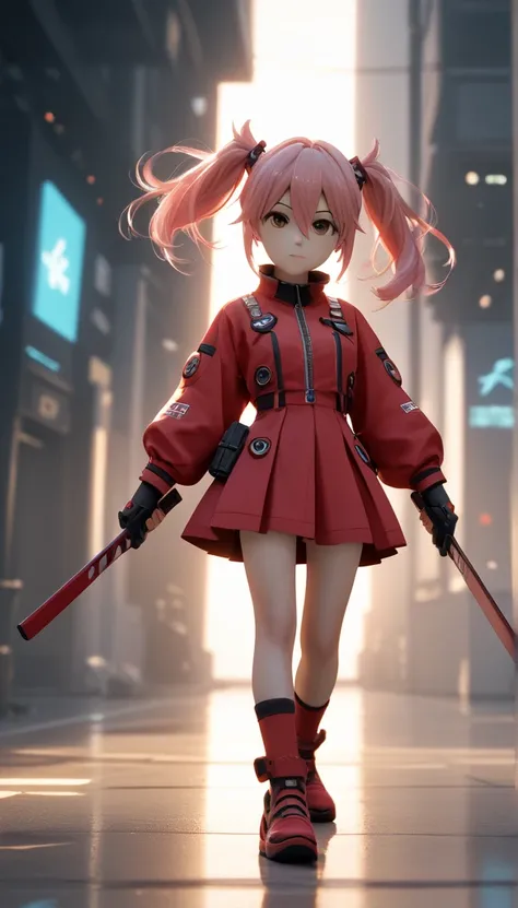 Red Future Costumes, 1 girl, Pink Hair, Brown Eyes, Hair Between Eyes, 3D Cartoon, Looking at viewer, No Background, Twintails, Chibi, Action Figure Holding A Katane, Stand, Red Skirt, Minimalism, Looking at viewer, Backlighting, Art Deco, 