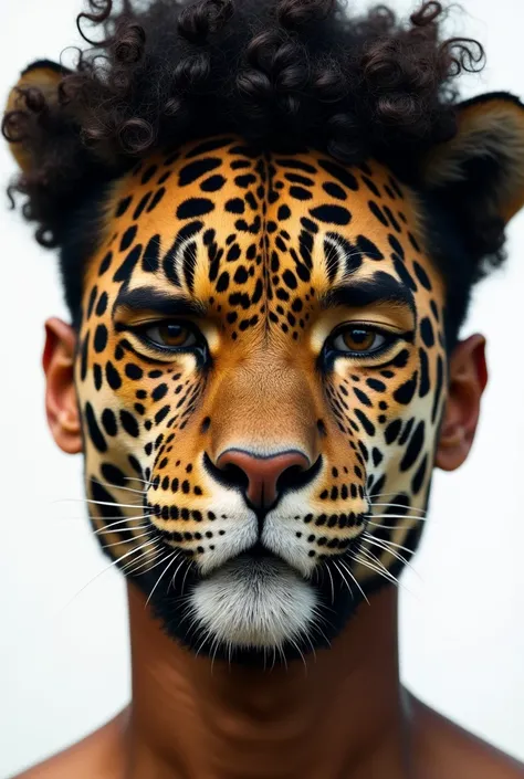 Close-up of a front view of a high-quality hyper-realistic photograph of the face of a mythological being, half human and half jaguar. Right side is human with African features, wide nose, thick lips, almond-shaped eyes, marked cheekbones. Curly hair. Beau...