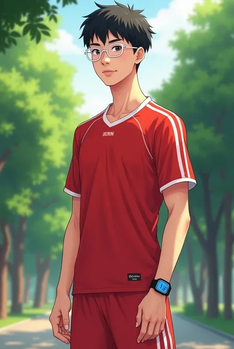  Anime images,  Full Body Image ,  In the park, Shab1person ,The  handsome,  smooth body ,, muscular men, 17-year-old Chinese boy, short hair , Men wearing white framed glasses, , men wearing a red basketball sports shirt with white stripes, with a hem out...