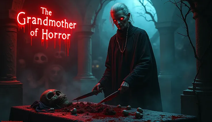 text: "THE GRANDMOTHER OF HORROR " ( in large, bloody red letters ,  centered on the top of the miniature ).

text adicional: " A Ritualistic Secret " ( in small size ,  Just below the title ).

 Positioning of the texts :  INVICTUSSTORIES in neon blue in ...