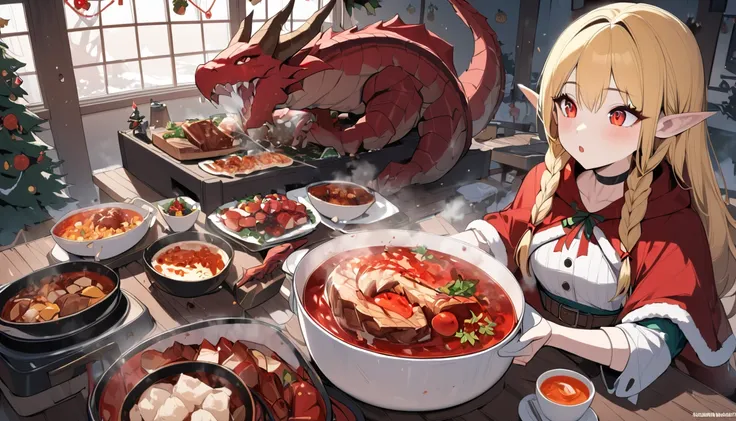 (masterpiece,  is the best quality:1.2), Christmas Eve， Christmas，Fantasy Art.  Panoramic Wide Angle ,  Food Series  ,  Dungeon Food ,  Many Dyed of Dungeon Foods, (1 Girl,  unique , Dragon Girl, blond,  long hair, Dragon Horn, twin braids , Pointed ears, ...