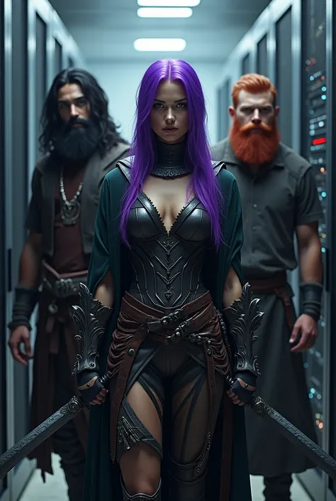 One woman, skinny, warrior, violet hair fully dressed. One masculine man, warrior black hair and long black beard. second warrior masculine man red hair red beard. all of them in front of broken IT network equipment holding swords.