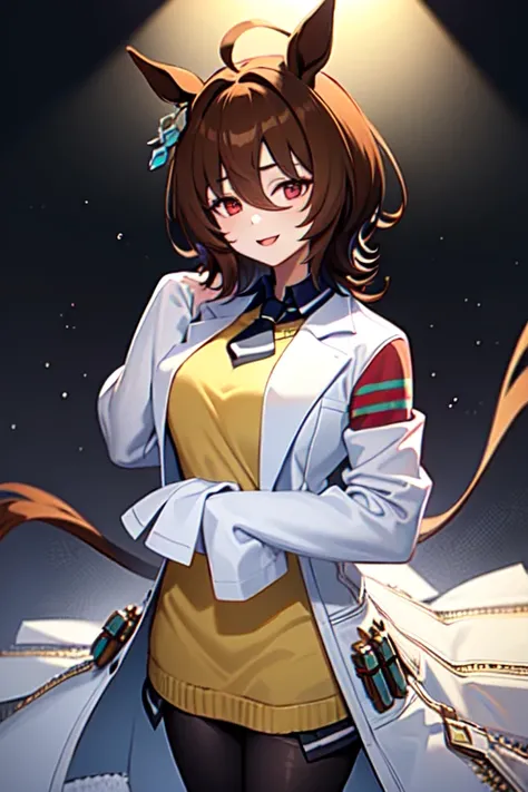  Agnes Tachyon 、Horse Girl、One person、 girl、Horse ears、Horse tail、 earring on one side 、Red eyes、 lines in eyes 、 shorthair、 brown hair 、Jacket、（White coat:1.2)、(bigger sleeve than wrist :1.1)、 yellow big sweater、 ties、 black pantyhose 、Stray hair、best qua...