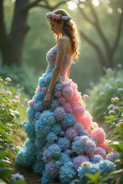 Creating an image of creative short dresses from multi-colored hydrangeas