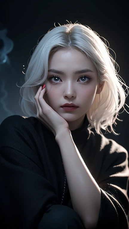 A mysterious and ethereal woman with strikingly blue glowing eyes, framed by intricate black cracks that branch across her pale, porcelain-like skin. Her hair is silvery white, styled in soft waves, contrasting the dark, sinister elements of her appearance...