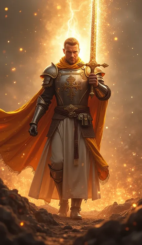 a gentlemanly man of god with armor and a sword made of particles of light, he attacks fiercely on the battlefield