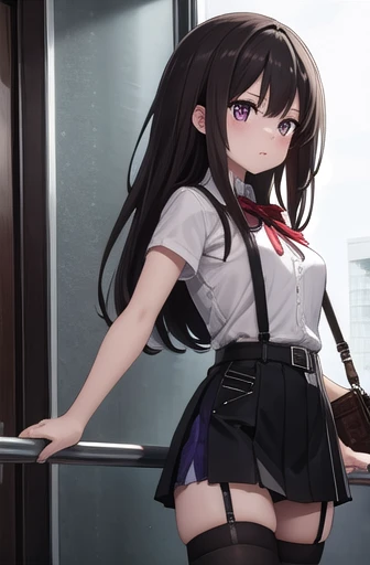 ​masterpiece、flat-colors、 depth of field、 lens flare 1 girl、、 brown hair、 staring at viewers standing on their feet 　　　black suspenders　　　  at the side of the belt 　　　 　 Armpit sweat　sweating　Both hands　　wall: 　 black miniskirt　 garter belt　　　　　　sight　　　 s...