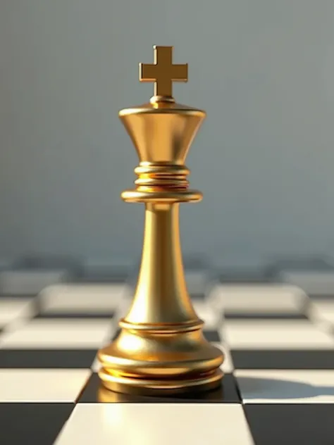 A clean chessboard ,  with only the golden king in the illuminated center.