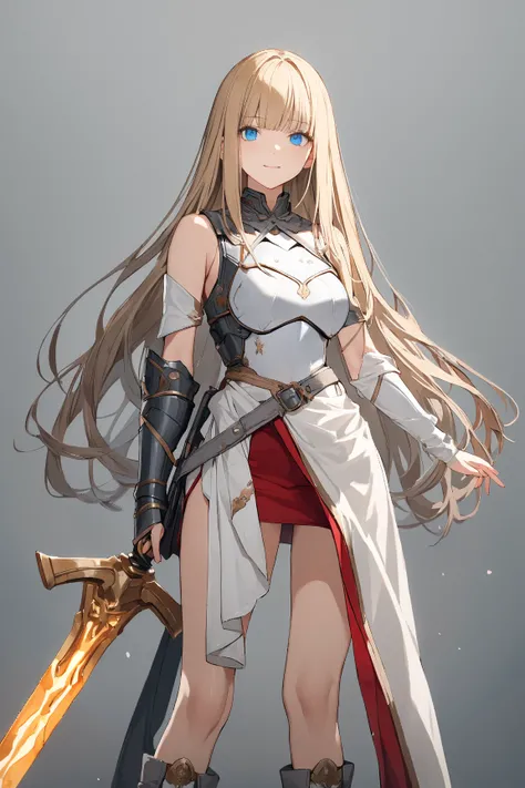 (gray background:1.3), No wind, character sprite, Break, 
1 girl, (cute face), elegant, Confident Look, light smile, 19 years old, Tall, 170 cm tall,, Standing, feet out of frame, blonde long hair, hime cut, blue eyes, (medium breasts:1.2), slim, white ele...