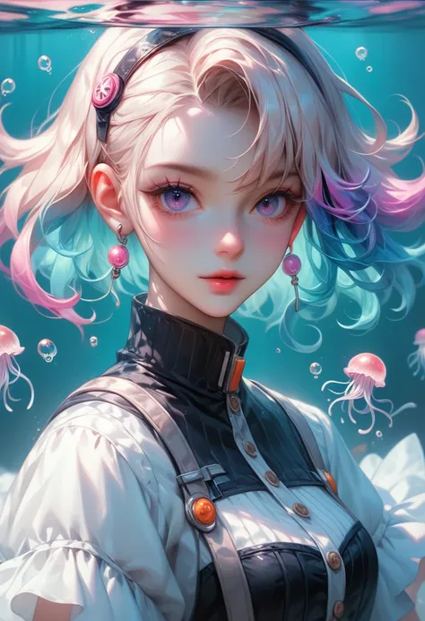 CynthiaPortrait. A surreal anime-style portrait of a young woman with pastel pink and blue gradient hair, her body adorned with transparent, jellyfish-**** biomechanical panels that pulse with soft neon colors. Her arms stretch out into delicate mechanical...