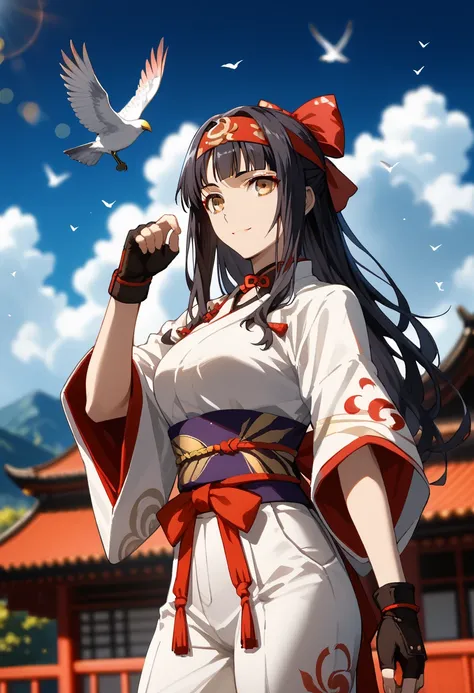   Masterpiece  ,  top quality, 1 girl , red bow, bow,  long hair, hair bow, Ainu clothing, Alone,  headband, bird,  black hair , fingerless  gloves, Short sleeve,  gloves, band, pants, bangs, red  headband, arms, Chest,  Brown Eyes , white pants, kimono, 【...