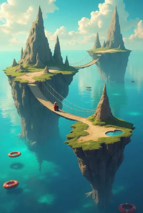 カラフルな海の上に浮かぶ２Two Islands、 The islands are connected by a suspension bridge 、 Prairie, desert, and lake on one island 。 There are two floats floating on the lake {x} There is 1 depressed person on the other island。 that floats on a colorful ocean 。