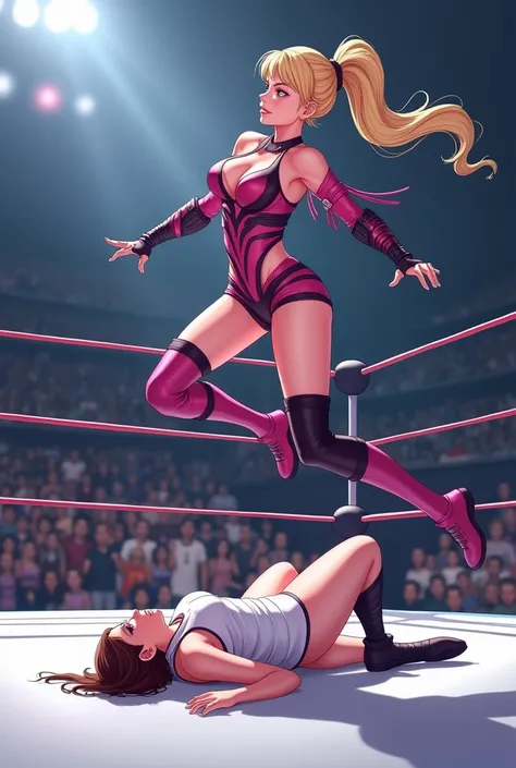 This image contains、 on the pro wrestling ring A female wrestler is depicted。 the upper wrestler is jumping while 、 the movements are expressed dynamically 。 she wears two pink and black costumes 、 The hairstyle in a ponytail is characteristic 。

 the lowe...