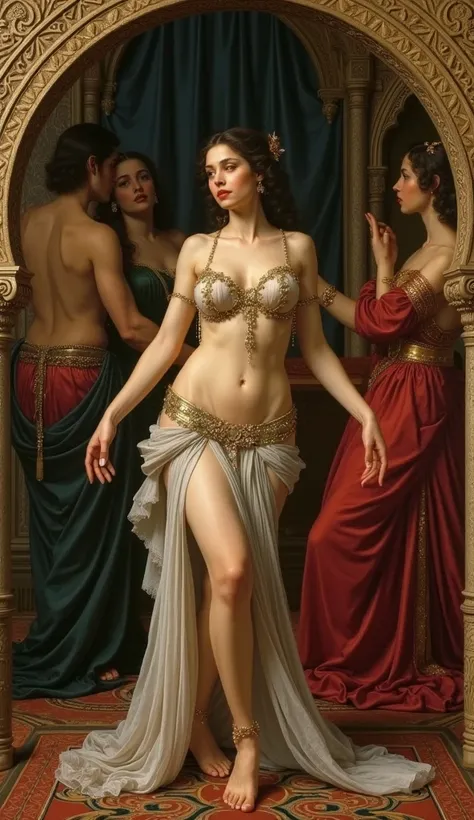 Panel painting by Raffaello Santi。beautiful arabian belly dancer。whole body。 harem