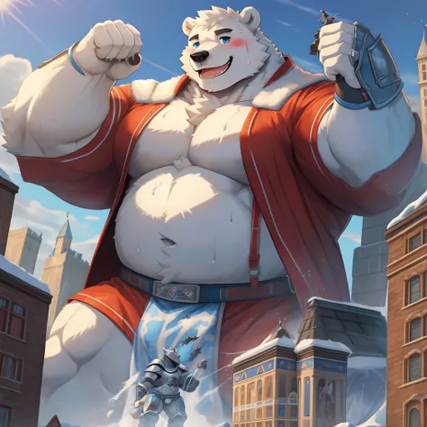 New Jersey 5 Pelzig ，polar bear，，pummelig，Fat，thick arms， strong muscles ，(White plush fur)， pummelig ， black eyebrows ，sky blue eyes，bart，（Knight armor ，red coat），(Blush:1.1)，Blush，smile，sweat，（ highly tuned ）， western castle background，stone walls，8k，( h...