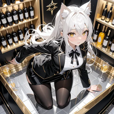 masterpiece, highest quality, highest resolution, clear_image, detailed details, white hair, long hair, 1 girl, cat ears, Golden eyes, halo, black office jacket, black silk mini pencil skirt, white scarf, black pantyhose, 4 angle wings, full body, no water...