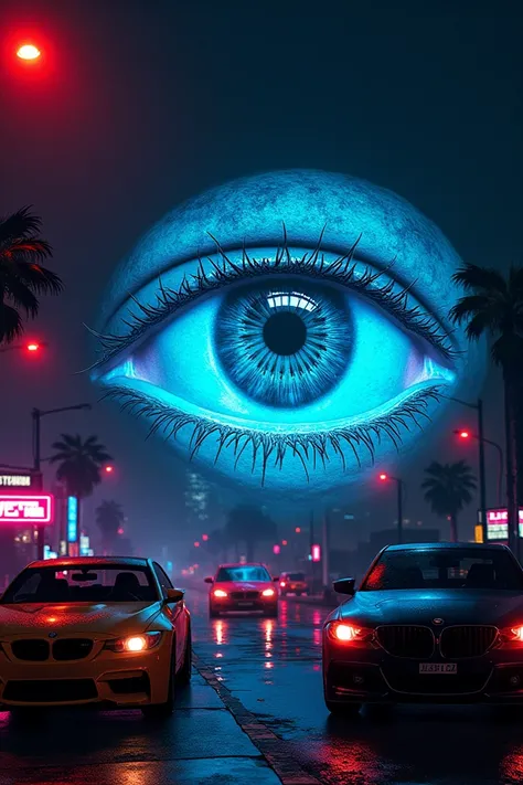 Create a dynamic 16:9 thumbnail for a YouTube video titled Unbelievable Hidden Secrets in GTA V That You Never Knew! The design should feature a glowing, etched eye at the center, symbolizing mystery and hidden secrets, with bright neon blue and red glowin...