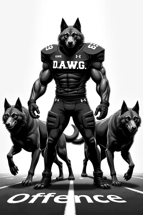 drawing,  black and white , d.a.W.G., Wolfhound, american Football, Field, pack, Schriftzug d.a.W.G., Offence lettering