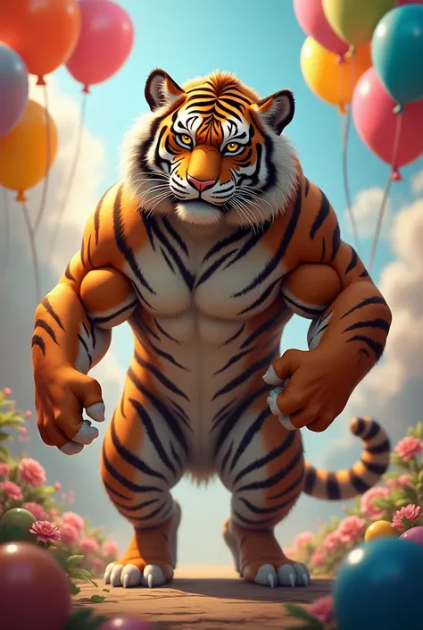 A muscular tiger with a big ass and balloons