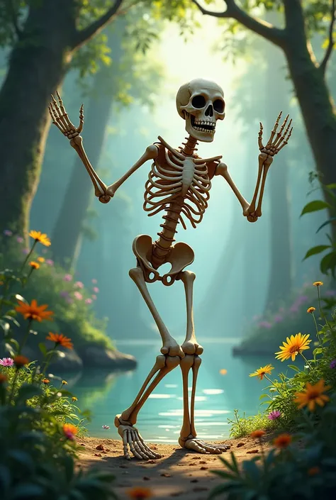 A skeleton vibing alone in nature in landscape 