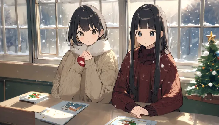 Classroom Scene: Snow falls through the window and ,  The interior of the classroom is decorated in a warm Christmas atmosphere {x}, which gives a warm and cool feeling at the same time. Character: Main Character A (boy): Short black hair with slightly mes...