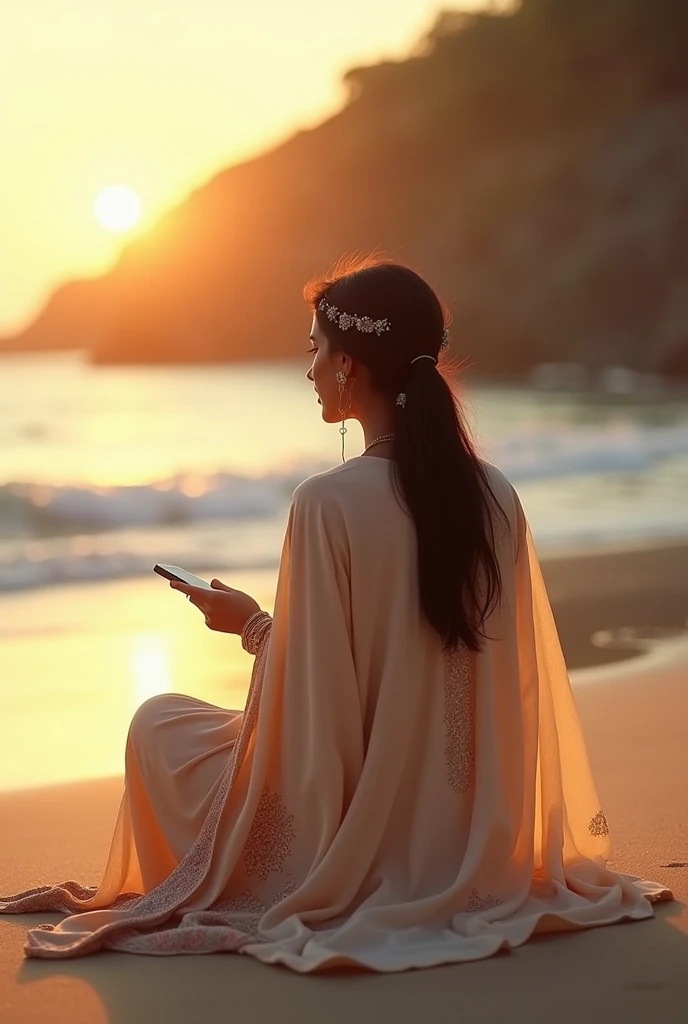 A girls back pose with kurti with shawl sitting in the beach and hearing music via Bluetooth 