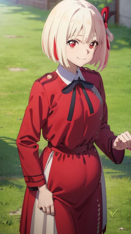 (art：fuse:0.8),  cowboy shot, Alone,  1 girl , Nishiki Shiho , smile,  Watch Viewers,  putting hands on lower back ,  bob cut ,  hair ribbon,  licorice uniform,  Two Tone Dress ,  Red Dress ,  grey dress,  neck ribbon, Long sleeve pregnancy pregnancy 