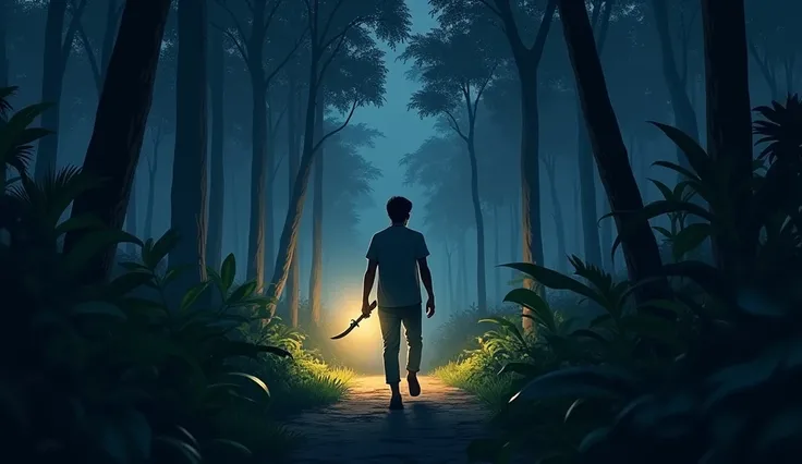 At night, a young man carrying a flashlight and keris walked into the forest